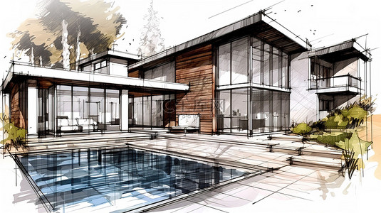 个人名片建筑背景图片_美丽户外住宅建筑草图的 3D 插图