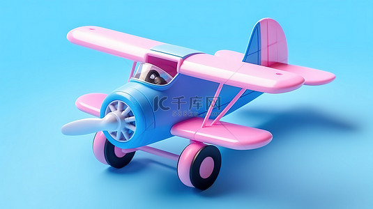粉红色背景 3D 渲染上蓝色塑料双翼飞机儿童玩具的模拟双色调