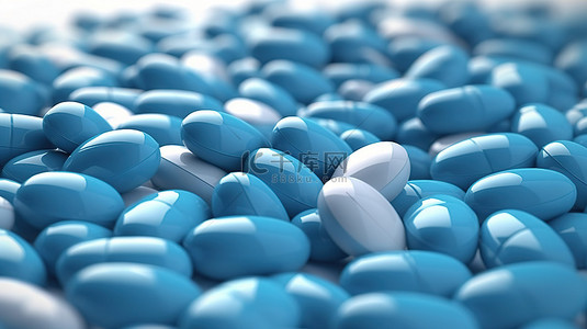 纯白色背景上蓝色和白色色调的药物胶囊的 3D 渲染