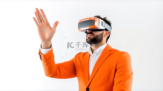 手势指着你背景图片_戴着橙色头盔和 3D 虚拟现实眼镜的专业建筑师用手做手势