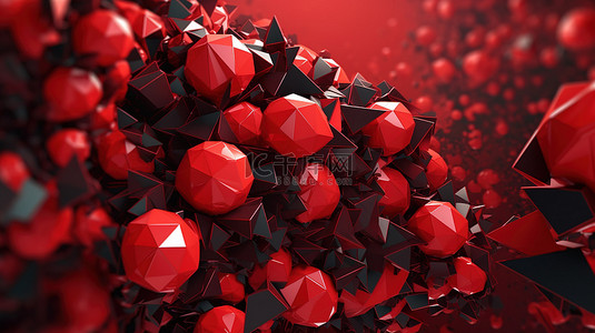 未来主义海报设计 3D 抽象渲染中红色多边形三角形和球的混乱飞行