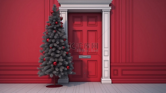 红背景2022背景图片_节日圣诞树和红门 3d 渲染节日