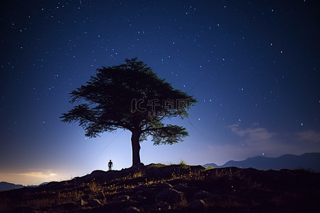 一棵孤独的树矗立在星空下的山顶上