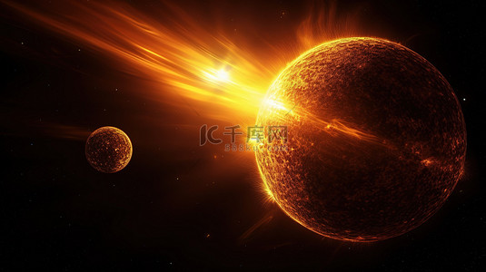 宇宙背景的比例 3d 渲染与大太阳和小木星