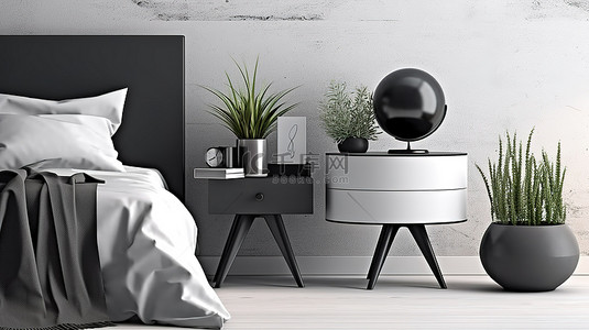 黑白家具背景图片_现代黑白卧室配有时尚设计师床头柜 3D 渲染
