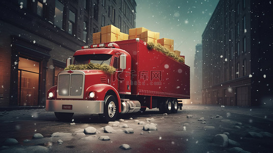 圣诞老人派对背景图片_节日欢呼与节日卡车和 3d 圣诞老人渲染