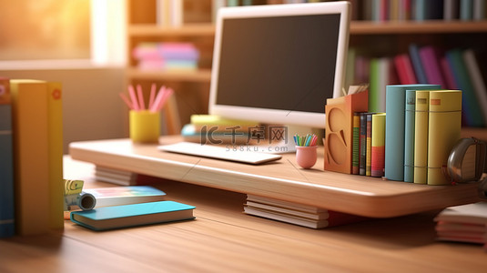 木桌上装饰着电子学习必需品书籍电脑用品和在线学校的 3D 渲染