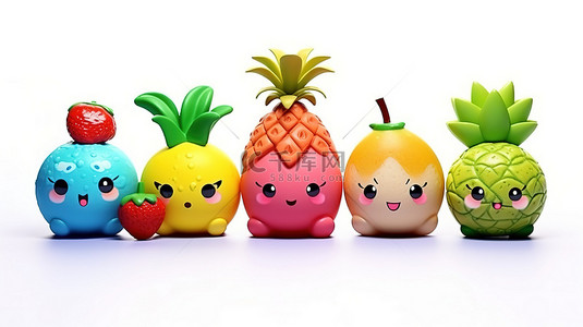 水果西瓜苹果草莓背景图片_白色表面上可爱而快乐的水果卡哇伊 3D 卡通人物
