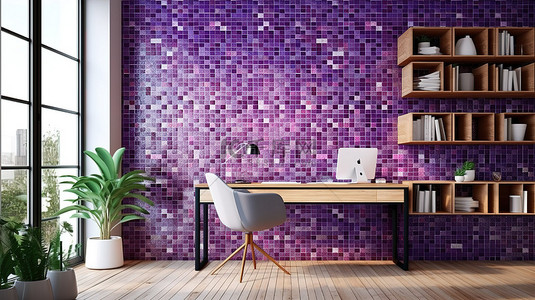 现代工作空间，配有 3D 可视化时尚紫色马赛克装饰墙