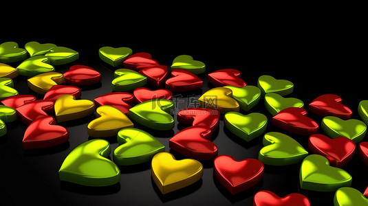 爱情概念 3d 在黑色背景上渲染红黄绿心