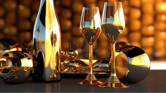 豪华金色香槟瓶和眼镜的 3D 渲染