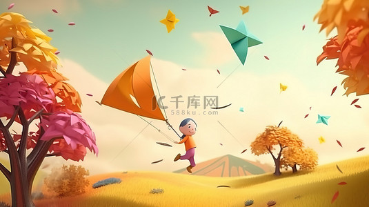 卡通幼儿园儿童背景图片_孩子在书本背景上放风筝的生动 3D 插图