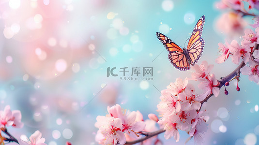 粉红色樱花和飞翔的蝴蝶图片