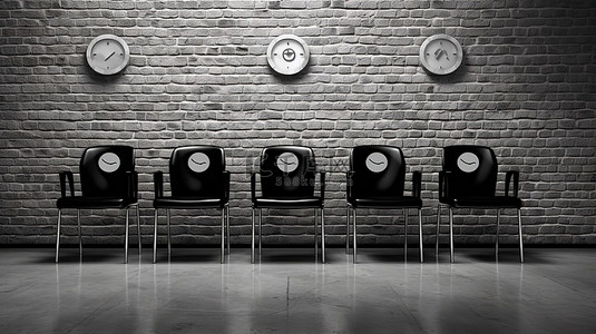 3D 效果图中砖墙上带有“空置”标志的当代办公椅
