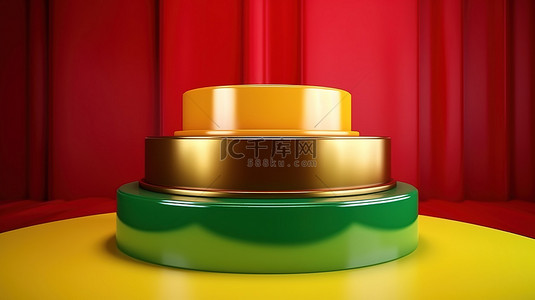 光滑而有光泽的 3d 渲染产品讲台，带有充满活力的红色黄色和绿色背景
