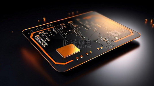 橙色信用卡模板与黑色混凝土背景横幅的 3D 插图