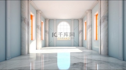 宽敞的房间配有大理石地板多种墙壁颜色和 3D 渲染中华丽的灯光