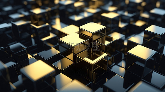 一个闪闪发光的金色立方体，周围环绕着一群黑色立方体，描绘了不同的想法 3D 渲染