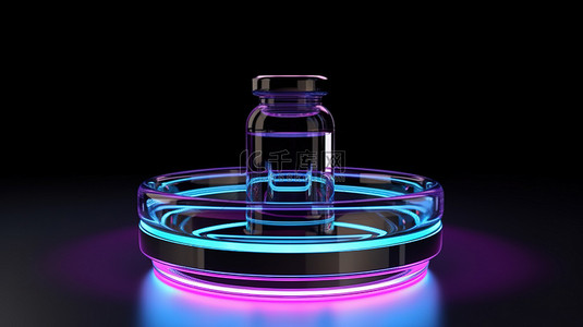 黑色包装样机背景图片_霓虹灯玻璃环背景下黑色圆柱体上显示的香水瓶的 3D 渲染
