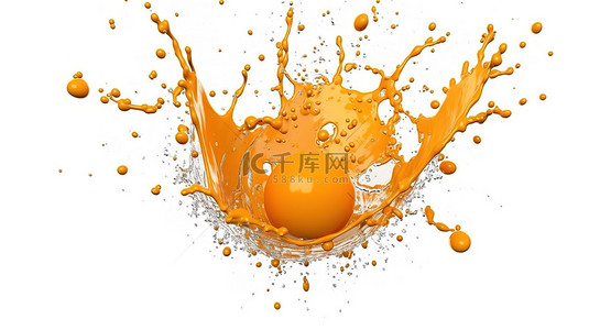 橙汁饮料背景图片_在白色背景上隔离的橙汁飞溅的 3d 渲染