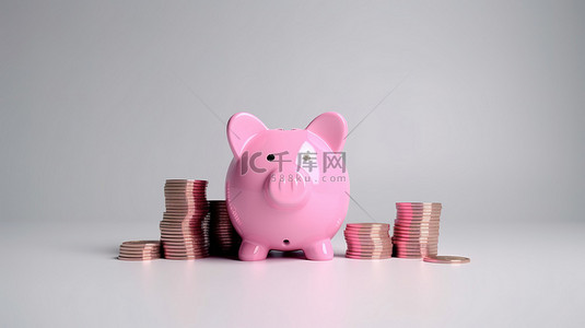 金融储蓄的创意概念，白色背景，一叠美元硬币和一个粉红色的存钱罐 3D 渲染