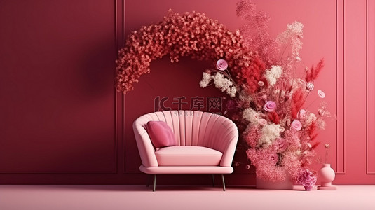 室内干花背景图片_当代客厅模型，配有时尚的粉红色扶手椅装饰拱门和时尚的干花，以 3D 渲染方式映衬在深红色墙壁上