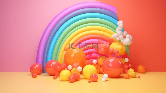 充满活力的 3D 夏季彩虹，珊瑚背景上有飞行球体，非常适合儿童背景