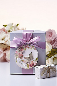 母亲节礼盒背景图片_蓝色礼盒上装饰着紫色蝴蝶结