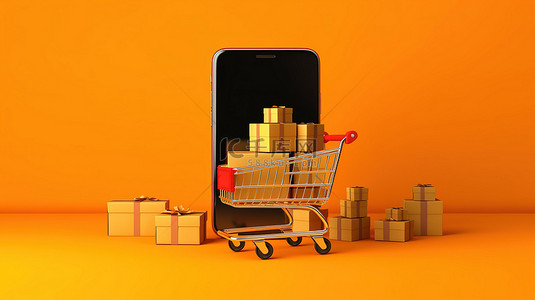 手机橙色背景图片_移动电子商务智能手机辅助购物车，带有充满活力的橙色背景的纸板箱交付