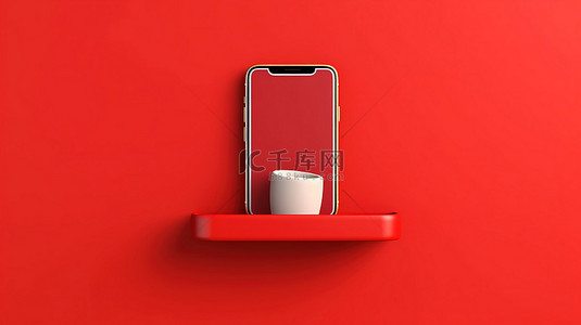 红色墙架与方形背景上的手机 3D 插图