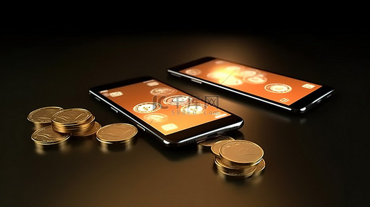 其他手机背景图片_移动银行硬币从智能手机过渡到其他手机以进行在线汇款的 3D 渲染