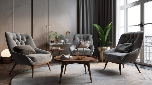 现代客厅工作室配有舒适的扶手椅和 3D 渲染的时尚咖啡桌