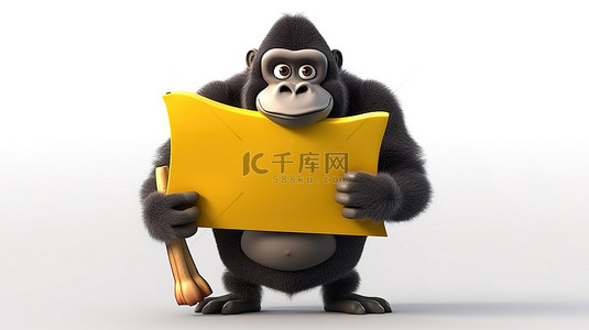 滑稽的 3D 大猩猩拿着标牌和香蕉