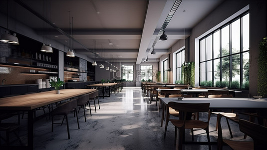 创新办公室设计工作场所现代自助餐厅的 3D 渲染图