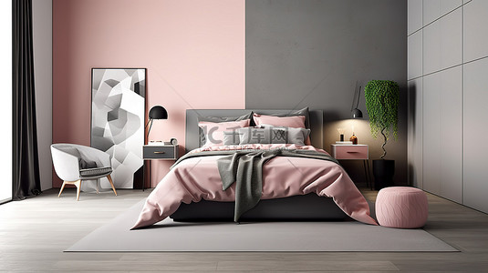 粉红色调背景图片_现代卧室装饰，粉红色调，灰色色调的 3D 模型渲染