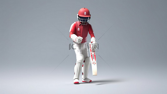 英格兰板球运动员在时尚的灰色背景上以令人惊叹的 3D 插图描绘了比赛装备