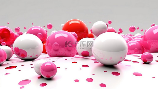 白色和粉色背景上抽象插图中带有白色和粉色红色斑点的 3d 球体
