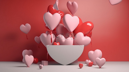 情书爱心背景图片_一系列心形气球和情书 3D 渲染，具有充足的复制空间