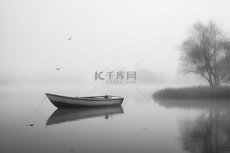 孤独颂歌背景图片_水面上的一艘船，上面漂浮着雾气