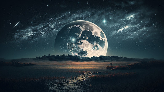 梦幻星空宇宙蓝色背景图片_流星夜晚月球背景