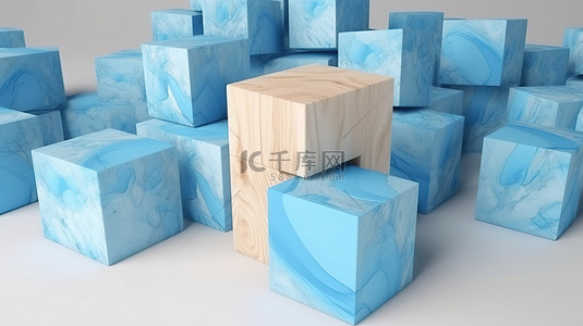 迷人的蓝色场景 3D 渲染中的大理石纹理木质立方体