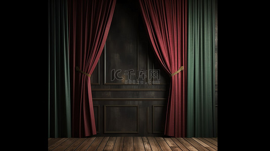 带木门的深色墙壁和 3D 渲染中的红色绿色窗帘