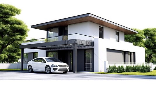 别墅豪宅背景图片_现代住宅，设有白色背景 3D 渲染的车库