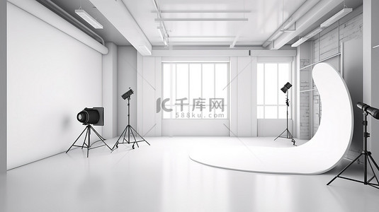 黑色聚光背景背景图片_白色背景工作室内部与 3D 渲染设备