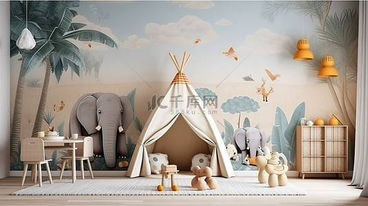 3D 渲染的儿童房间，配有样机海报和壁纸