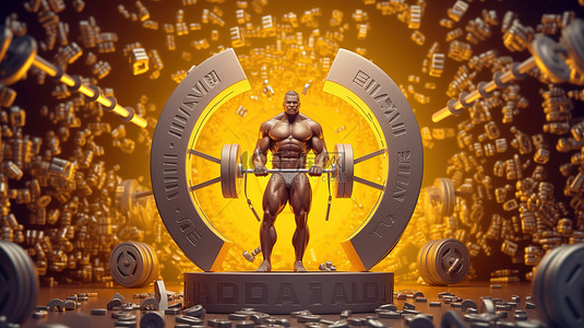 肌肉卡通人物背景图片_一个肌肉发达的人举起带有 dai 加密货币徽标的沉重杠铃的 3D 插图