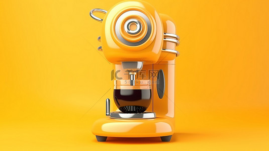 黄色背景上的 3D 渲染咖啡机和甜甜圈插图