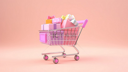 节日购物车装满礼品盒，粉红色柔和的背景，用 3D 渲染庆祝圣诞节和新年