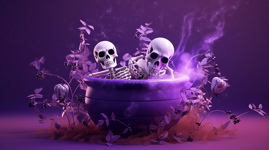 怪异的万圣节女巫的大锅头骨鬼魂和扫帚漂浮在神秘的紫色背景 3D 渲染上