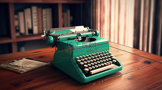 古董打字机搁在质朴的木桌上 3d 渲染